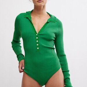 Green Ribbed Long Sleeve Bodysuit